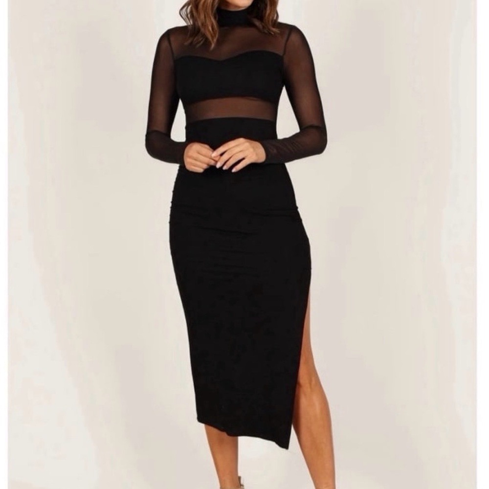 Petal & Pup Black Mesh Panel Midi Dress